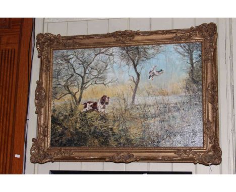 Henry Wilkinson (British 1921-2011), Springer Spaniel and Mallard, oil on canvas, signed lower right, 50cm by 74cm, swept fra
