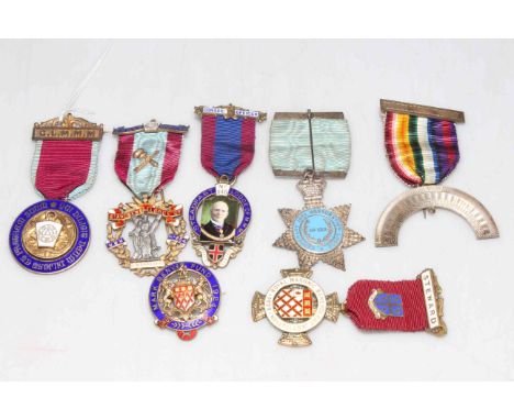 Collection of silver enamel and another Masonic jewels and pin brooch including Steadfast Lodge of M.M.M. Professor of Durham