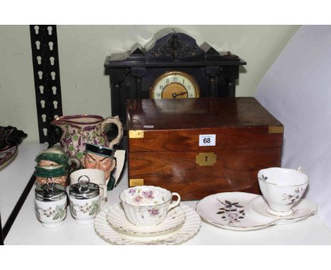 Victorian slate mantel clock, mahogany brass bound writing box, three Doulton character jugs, etc.