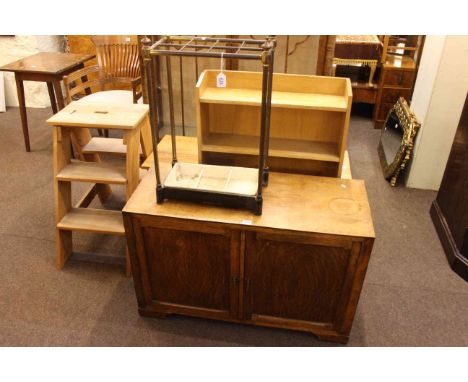 Two door oak record cabinet, open bookcase, coffee table, double step stool and brass stick stand (5).