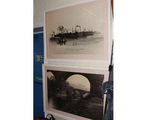 Large framed print 'Drops on the Tees at Middlesbrough' and large framed photographic print of bridges over a river.