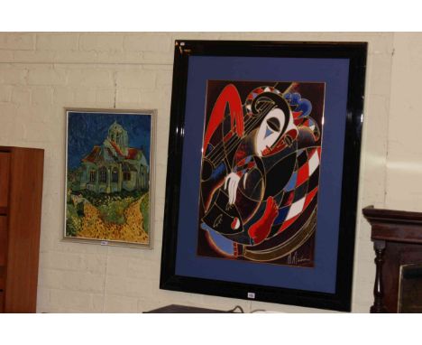 Large contemporary print of a jester and oil on canvas depicting a church.