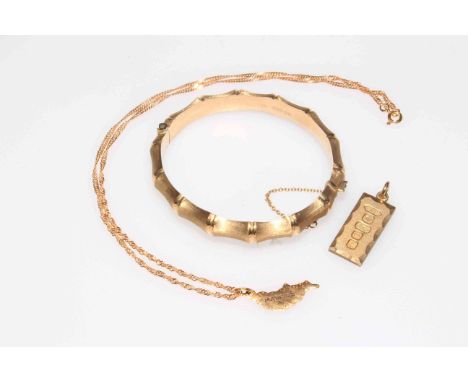 9 carat gold bangle, 9 carat ingot pendant, and Madeira pendant and chain (3).