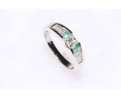 Emerald and diamond 18 carat white gold ring, having centre square cut diamond (approximately 0.4 carat), flanked by emerald 