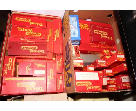 Two boxes of Triang model railway accessories including rolling stock, all boxed, and Minic Horse Pantechnicon.