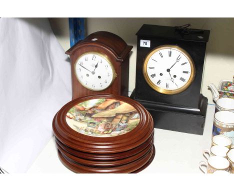 Victorian slate mantel clock, Edwardian mahogany mantel clock and six Royal Doulton collectors plates in wood frames.
