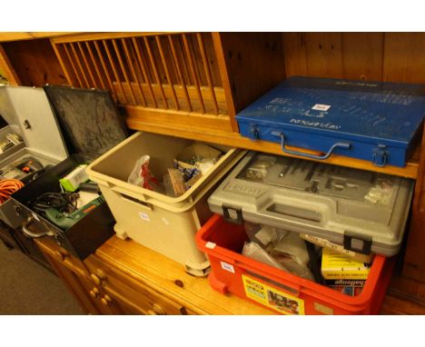 Collection of power and hand tools, accessories and Workmate.