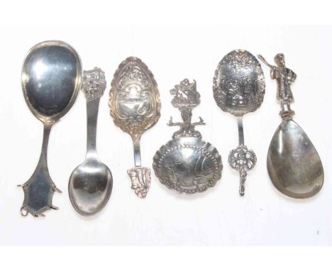 Collection of five Dutch and other silver caddy spoons, and other serving spoon (6).