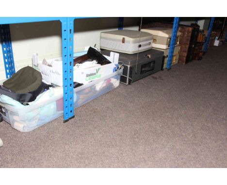 Five clock cases, vintage record player, six boxes of china, glass mantel clocks, Masonic ware, etc.
