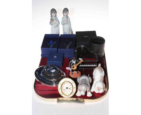 Lladro and Nao Dogs, two Nao figures, Swarovski flowers, two paperweights, clock, picture frames, etc.