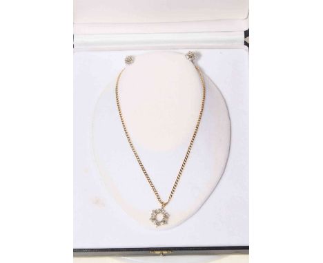 Diamond set 18 carat gold pendant with ring of six stone clusters and 18 carat gold chain necklace, together with pair of dia