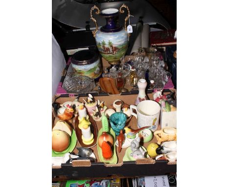 Large lidded vase and stand, assorted glassware, cruet sets and condiments, etc.