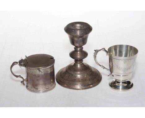 Victorian silver lidded mustard pot, London 1869, silver christening cup engraved with swags, Birmingham 1900, and loaded des