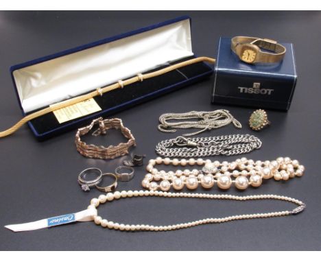 Costume jewellery including a 24ct gold plated necklace, two simulated pearl necklaces, a ladies Tissot watch, an unmarked ro