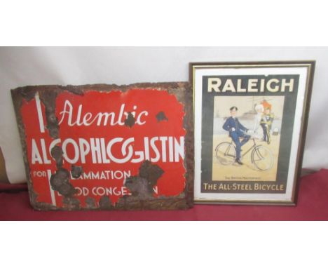 Framed Raleigh All-Steel bicycle advertisement and a vintage enamel sign "Alembic Alcophlogistin for Inflammation and Blood C
