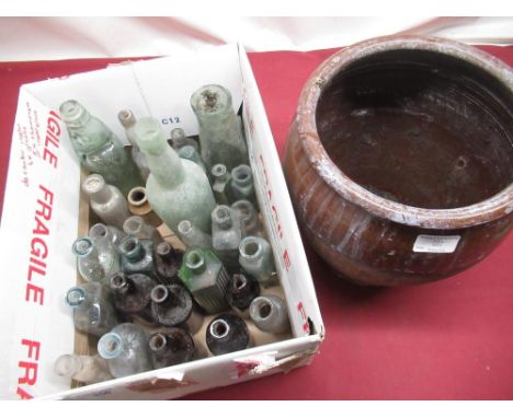 Large brown earthenware pot and a collection of old glass bottles inc. Longbotham of Malton, Tomlinson &amp; Co. butter colou