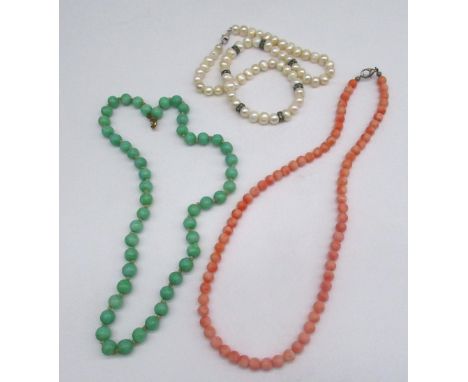 Jade bead necklace, a coral bead necklace and a pearl necklace (3) 
