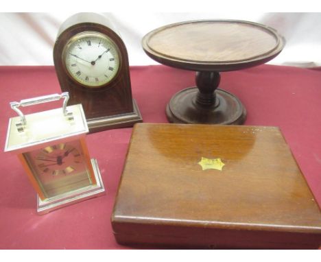 Edwardian herringbone and boxwood inlaid mahogany time piece on brass ball feet, French 8 day movement (not running), H21cm, 