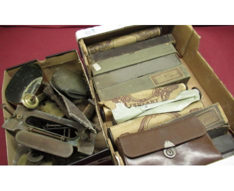 Late C19th/early C20th pianola rolls, gentleman's travelling shaving set, clock movement, miscellaneous brassware, etc 