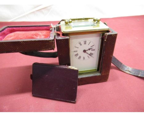 French C19th brass cased carriage time piece with white enamel Arabic dial, 8 day movement replaced platform escapement, comp