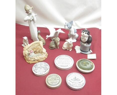 Lladro figure of a girl with a banjo, Lladro swan and two cats, 2 Royal Doulton kittens, 2 Franklin Mint cats, Border Fine Ar