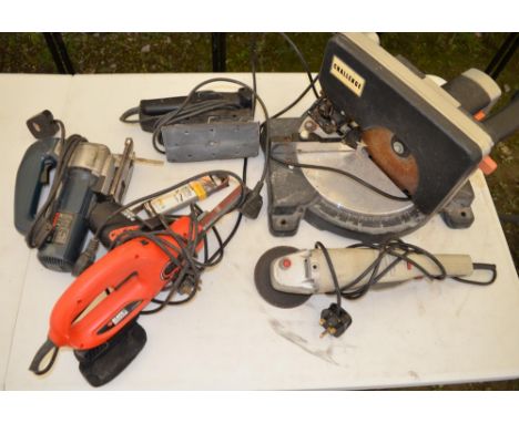 Collection of power tools, Challenger bench top MMS5032 mitre saw, Performance angle grinder, Black &amp; Decker electric pow