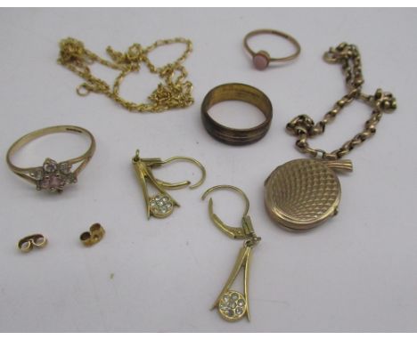 14ct gold filled chain, stamped 14kt GF, pair of 9ct butterfly earring backs, stamped 9ct, 9ct gold pendant locket, rolled go