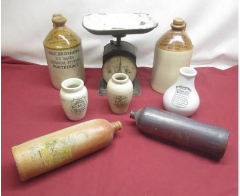 Two botanical brewery stoneware flagons for Hey brothers Pontefract and Markham &amp; Miller, Hughes family scale, two Georg 