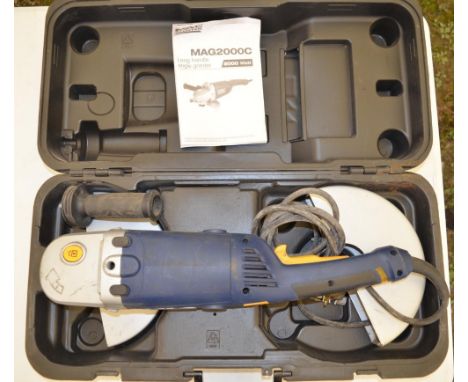 Cased MacAllister MAG2000C 2000W handheld angle grinder with manual 