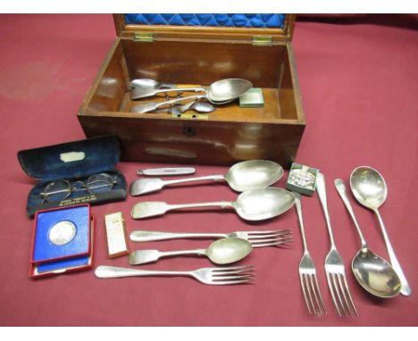 Collection of EPNS cutlery, badges, George Prescott &amp; Co. 98 Lothian Rd Edinburgh bifocal glasses etc. 