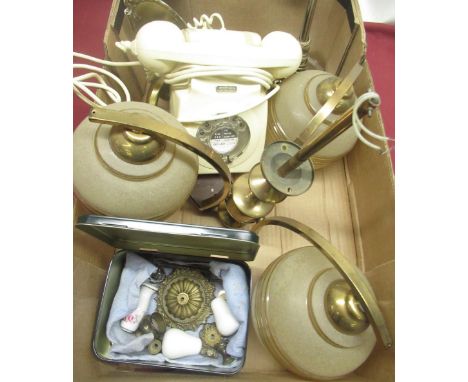 Early 1960's lacquered brass three branch centre light with mottled frosted and gilt shades, GPO 746F telephone in ivory fini