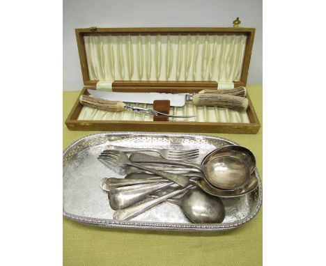 Arashby &amp; Company Sheffield three piece cased carving set with simulated antler horn handles, EPNs cutlery and a small ga