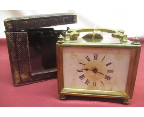 Early C20th French brass cased carriage time piece, rectangular case on bun feet, 8 day movement, stamped Made In France, H12