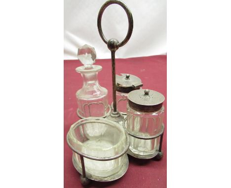 Geo. V cruet set with hallmarked sterling silver mounts and stand, by Martin Hall &amp; Co. Ltd, Sheffield, 1924 (spoon repla