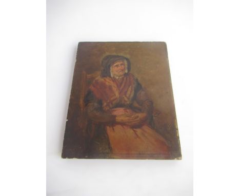 Syd Little Collection - Small oil on board portrait of a seated elderly lady, various details to the back including French in