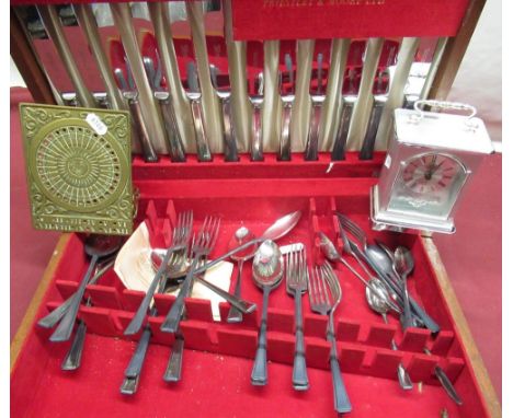 Part cased set of Priestley &amp; Moore Ltd plated cutlery, Minster quartz carriage clock and a brass table top sundial (3) 