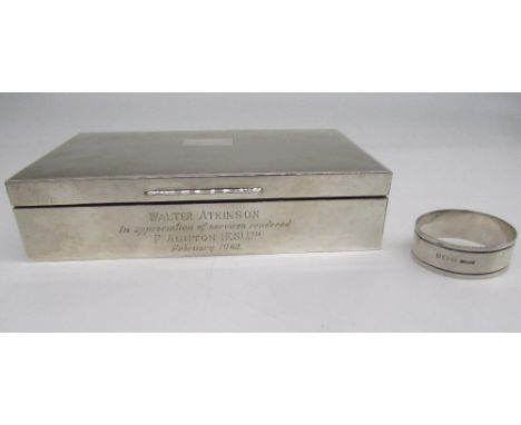 ER.II hallmarked Sterling silver cigarette box by D Bros, Birmingham, 1960, with fitted wooden interior and engraving to fron