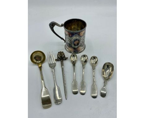 Collection of EPNS ware incl. bright cut tankard, set of three Fiddle pattern teaspoons, sauce, fiddle pattern fork, caddy sp