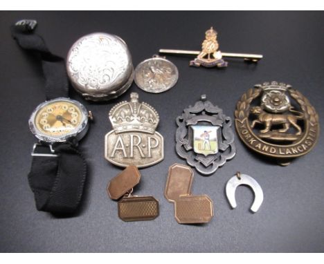 Pair of 9ct yellow gold cufflinks, stamped 9 375, 4.2g, ARP wardens badge, hallmarked silver cricket fob with enamel inlay, a