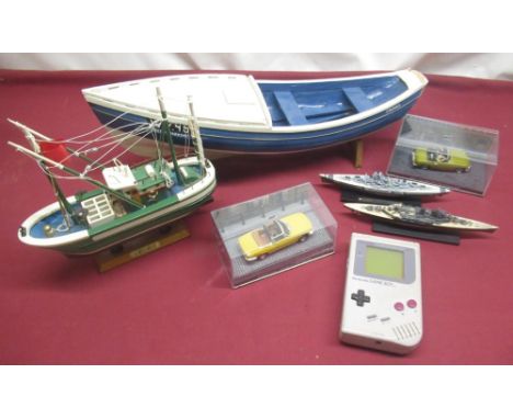 Hand made wooden scale model of the Whitby cobble Deep Harmony L50.5cm, naïve model of a trawler, two James Bond die cast mod