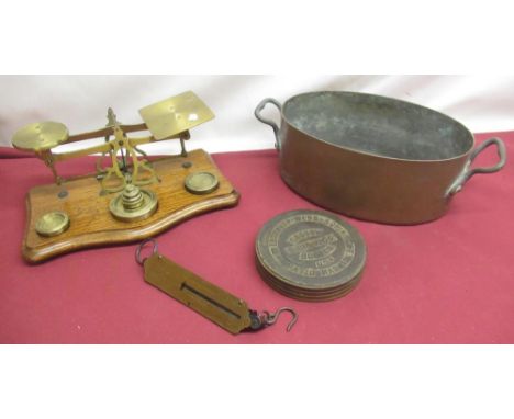 Brass postal scales &amp; weights, copper pan, S.G. &amp; V. Co. Crosby Boston U.S.A. pressure gauge weight, pat'd Mar.11 '84