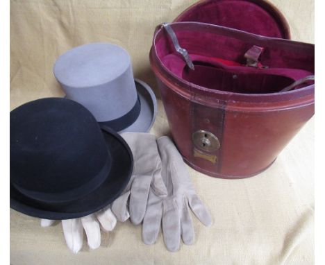 G.A Dunn &amp; Co. grey top hat, size 7 3/4 in brown leather fitted travel case, two pairs of leather gloves, and a Lock &amp