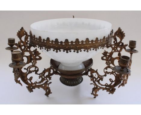 Large early C20th ceiling pendant lamp chandelier with white glass shade set in pierced and reticulated rococo metal frame wi