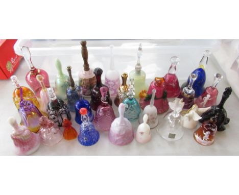 Collection of eclectic glass and ceramic bells inc. cut glass, art nouveau style, cameo glass, opalescent, etc 