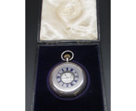Retailed by Frengley Bros Ltd, Dublin, Edwardian silver cased keyless half hunter pocket watch.  White enamel Roman dial with
