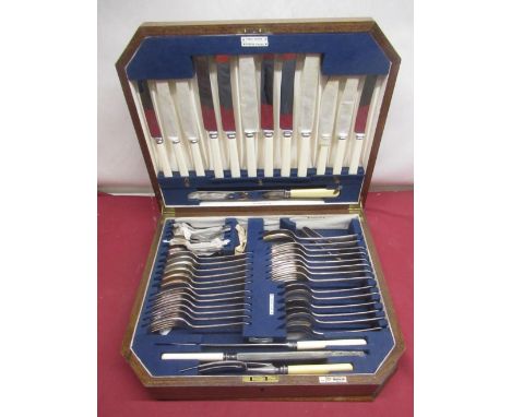 Walker &amp; Hall oak cased canteen of cutlery, knives with  white celluloid handles (6 place settings) 