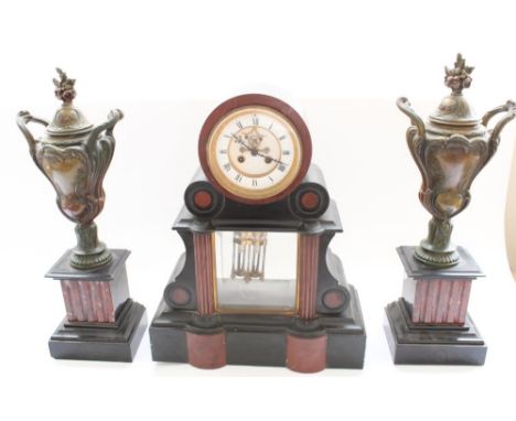 H&amp;F Paris last quarter of C19th slate and variegated rouge marble three piece clock garniture, drum head case supported b