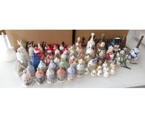Collection of ceramic and China bells inc. Lenox porcelain bells of buildings, Schmid Beatrix Potter bells, etc (2 boxes) 