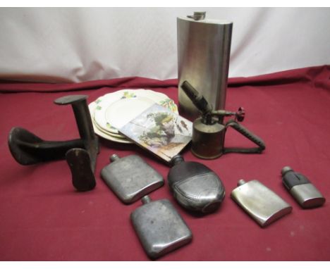 Optimus No. 305 brass blow lamp, cobblers last, C19th hip flask, pewter hip flasks, set of three Royal Doulton Minden graduat