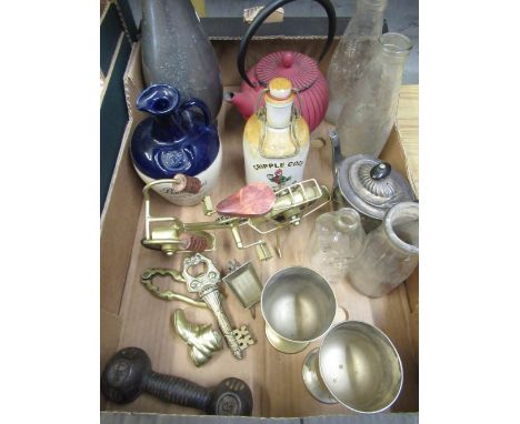 Ballantine's Finest Scotch Whisky decanter, two vintage Co-op milk bottles, EPNS bachelors teapot, two Harwood Dale CC presen